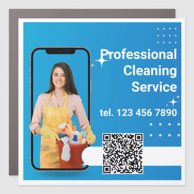 QR Code Cleaning Service Blue Car Magnet (Front)