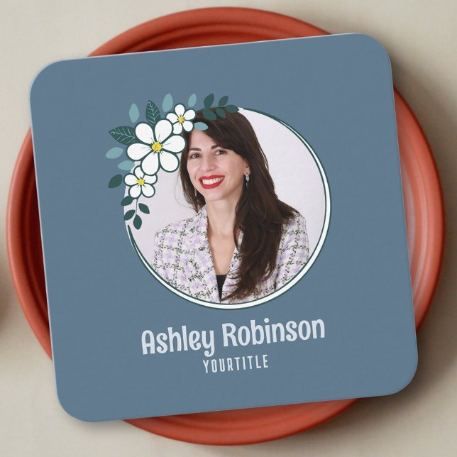 QR code cloudy blue minimalist add your photo Square Business Card (Blue grey, with photo, with qr code )