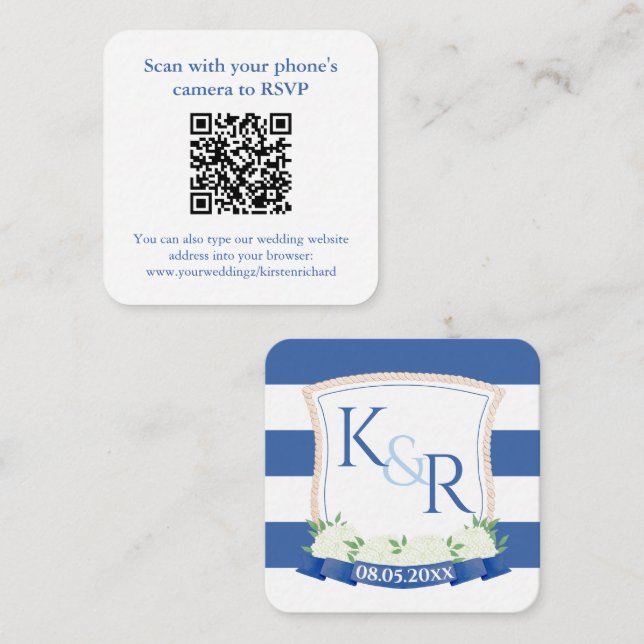 QR Code Coastal Blue And White Crest Wedding RSVP Enclosure Card (Front/Back)