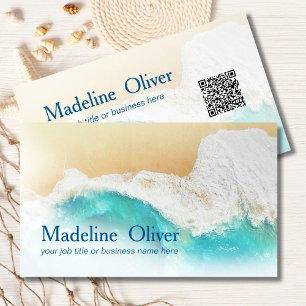 QR Code Coastal Ocean Beach Modern Watercolor Business Card