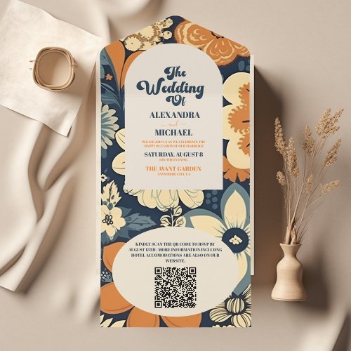 QR Code Colorful Groovy Retro 70s Floral Wedding All In One Invitation