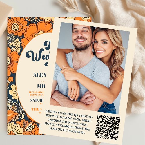 QR Code Colorful  Groovy Retro 70s Floral Wedding Invitation