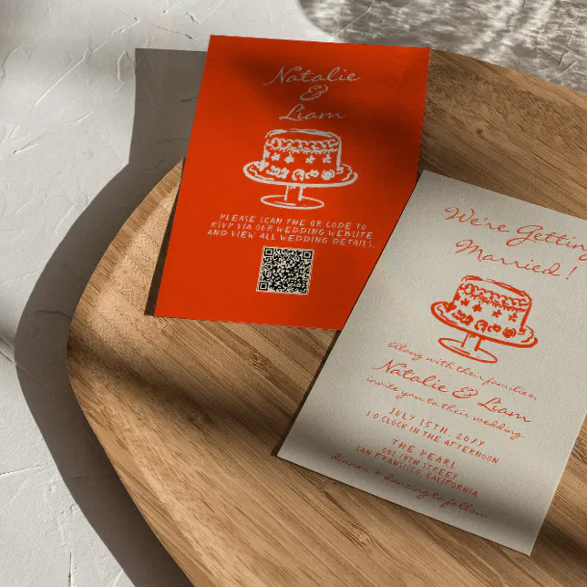 QR Code Colorful Hand Drawn Cake Retro Fun Wedding Invitation | Zazzle