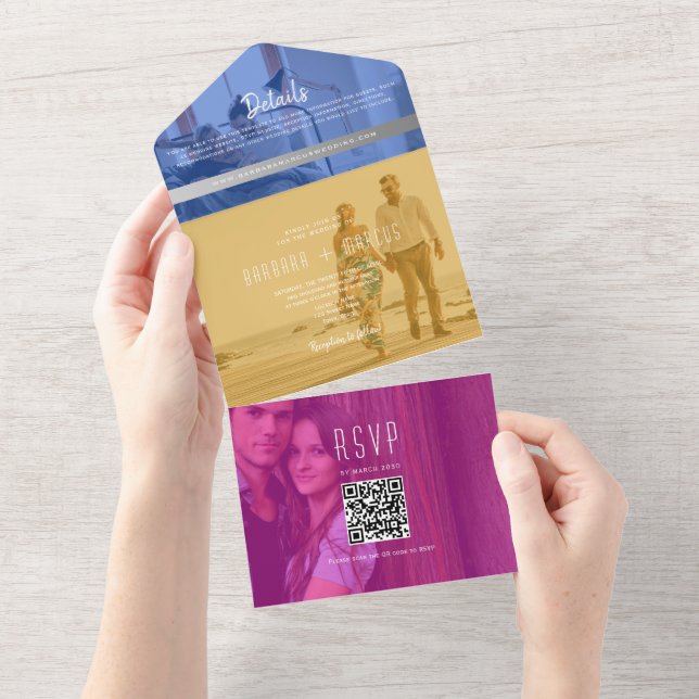 QR Code Colorful Photo Wedding All In One Invitation (Tearaway)