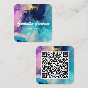 QR Code Colorful Watercolor Abstract Thick Cursive Square Business Card