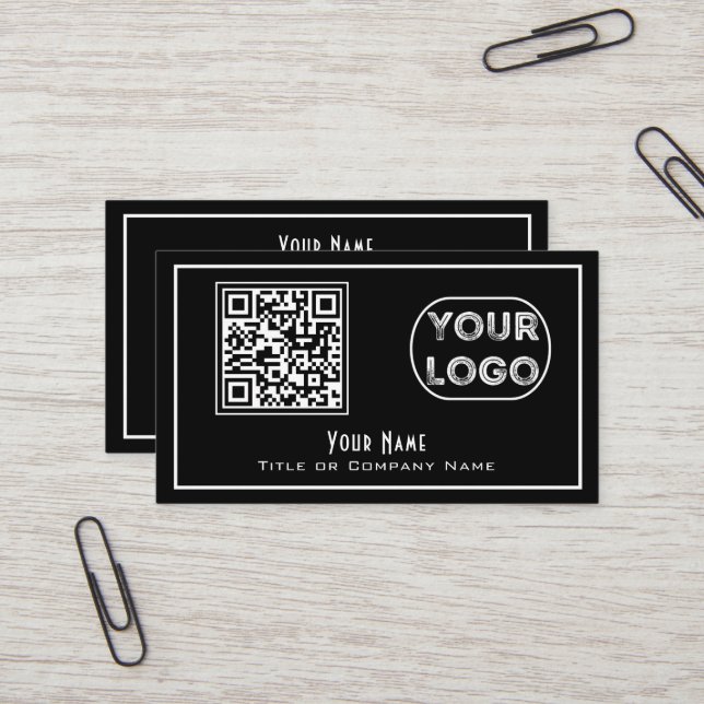 QR Code Company Logo Black Minimalist Business Card (Front/Back In Situ)