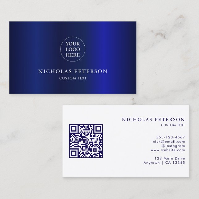 QR Code Company Logo Navy Blue Gradient Modern  Business Card (Front/Back)