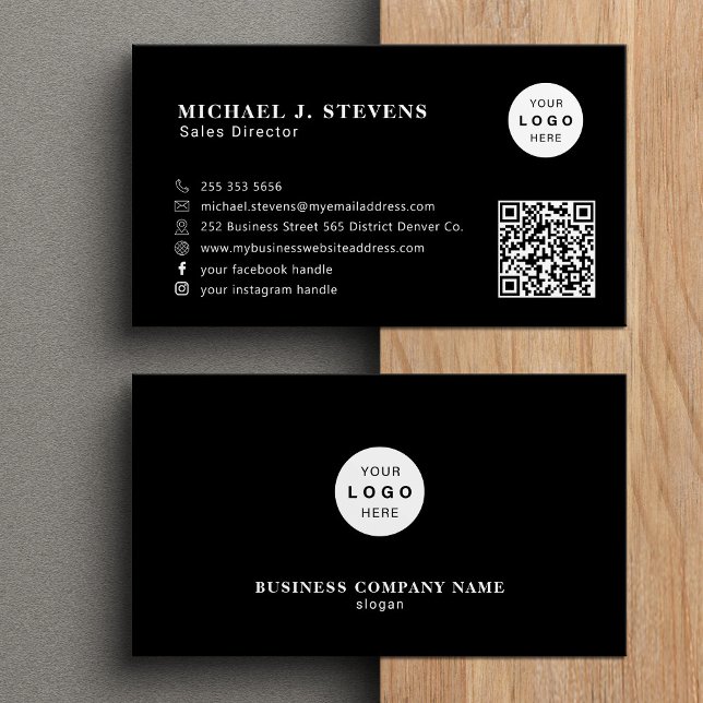 QR code company logo professional black Business Card (Creator Uploaded)
