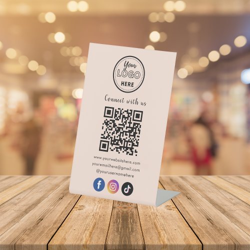 QR Code Connect With Us Social Media Soft Peach Pedestal Sign