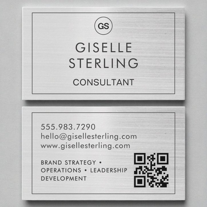 QR Code Consultant Brushed Silver Monogram Business Card