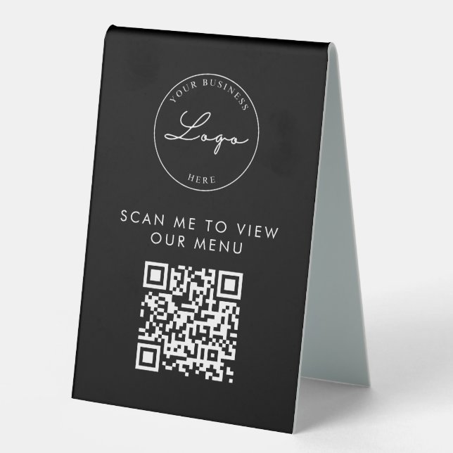 QR Code Contactless Menu Logo Black Modern Table Tent (Front)