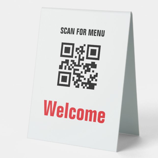 QR Code Contactless Scannable Menu Black White Table Tent (Front)