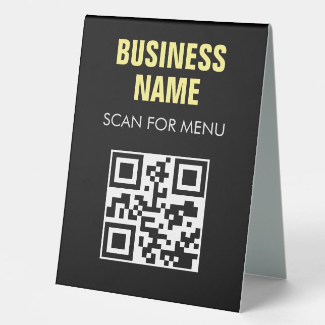QR Code Contactless Scannable Menu Black White Table Tent (Front)