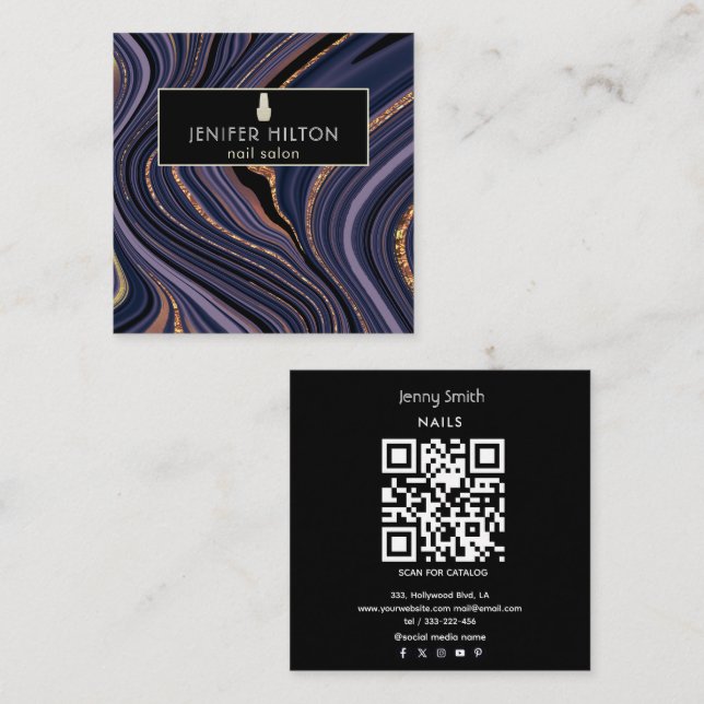 QR code Contemporary purple agate geode nail salon Square Business Card (Front/Back)