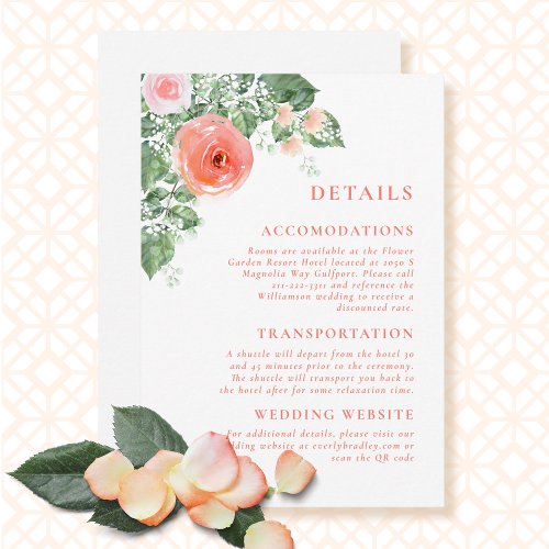 QR Code Coral Sage Elegant Floral Details Wedding  Enclosure Card