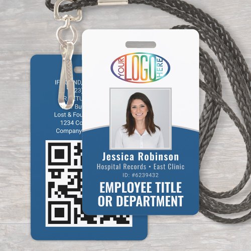 QR Code Corporate Logo Employee Photo Classic Blue Badge