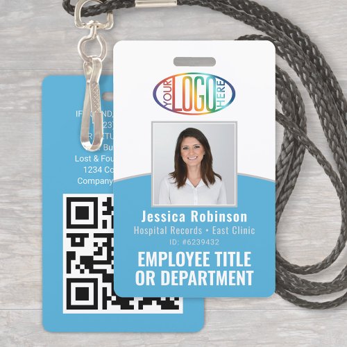 QR Code Corporate Logo Employee Photo Light Blue Badge