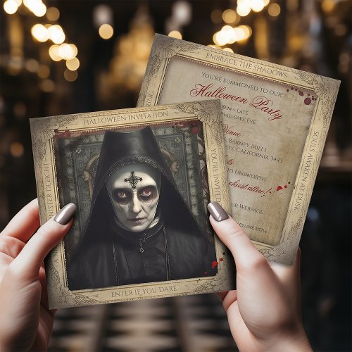 QR Code Creepy Nun Lunatic Asylum Halloween Invitation