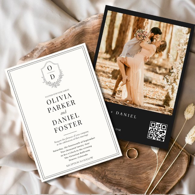 QR Code Crest Black & White Photo Modern Wedding Invitation (Creator Uploaded)