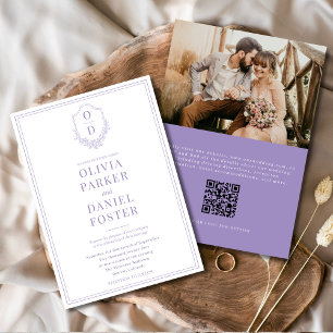 QR Code Crest Lilac Purple Photo Wedding Invitation