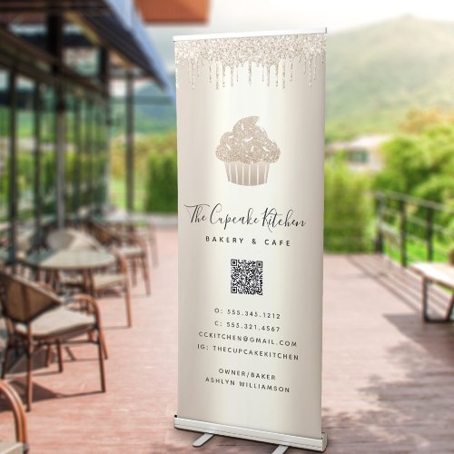 QR Code Cupcake Bakery Caf Gold Glitter Drips Retractable Banner