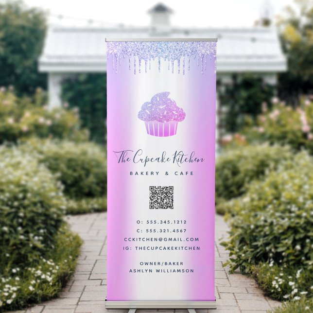 QR Code Cupcake Bakery Café Purple Glitter Drips Retractable Banner (Creator Uploaded)