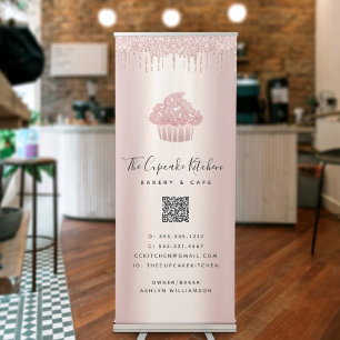 QR Code Cupcake Bakery Café Rose Gold Glitter Drip Retractable Banner