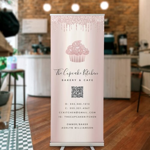 QR Code Cupcake Bakery Caf Rose Gold Glitter Drip Retractable Banner
