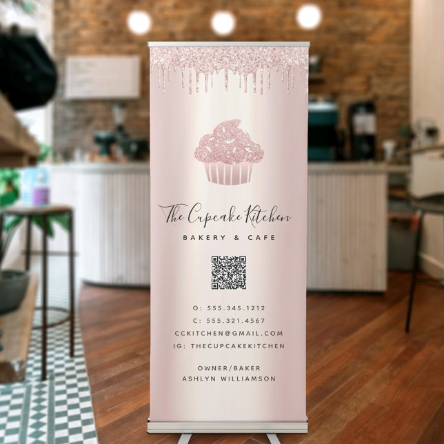 QR Code Cupcake Bakery Café Rose Gold Glitter Drip Retractable Banner (Creator Uploaded)