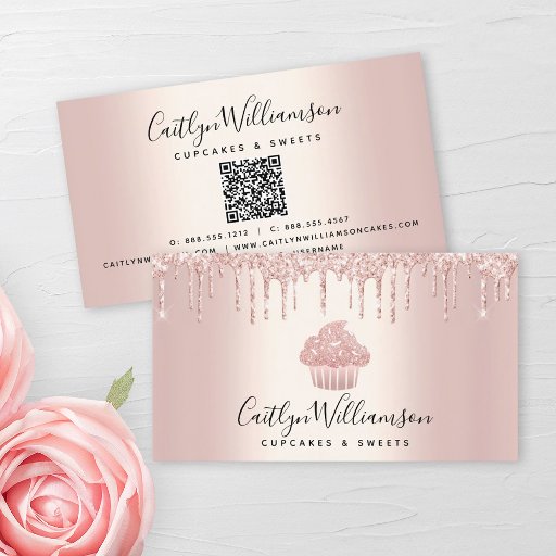 Customizable QR Code Cupcake Bakery Chef Glitter Drip Rose Gold Business Card