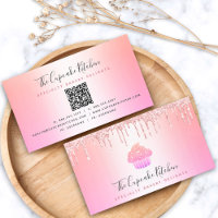 QR Code Cupcake Bakery Chef Pink Glitter Rainbow Business Card