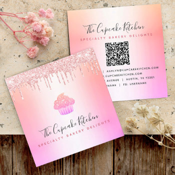 Qr Code Cupcake Bakery Chef Pink Rainbow Glitter Square Business Card by Luceworks at Zazzle