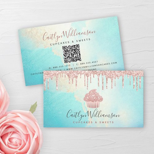 QR Code Cupcake Pink Rose Glitter Blue Watercolor Business Card