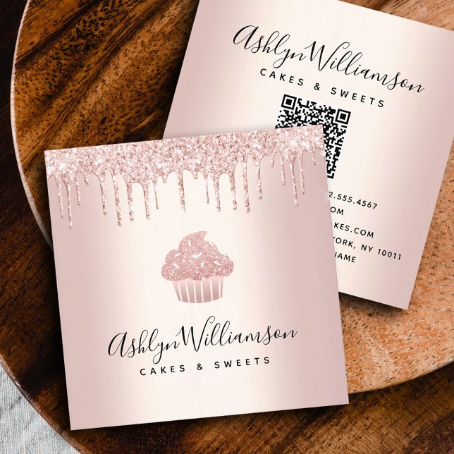 QR Code Cupcake Rose Gold Bakery Chef Glitter Drip Square Business Card (Creator Uploaded)