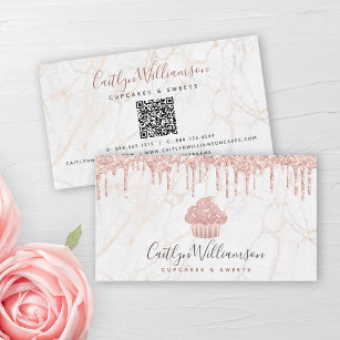 QR Code Cupcake Rose Gold Glitter Drip Marble Chef Business Card