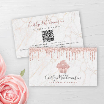 Qr Code Cupcake Rose Gold Glitter Drip Marble Chef Business Card by Luceworks at Zazzle