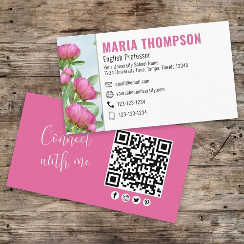 QR Code Custom Elegant Pink Floral Connect with Me Business Card