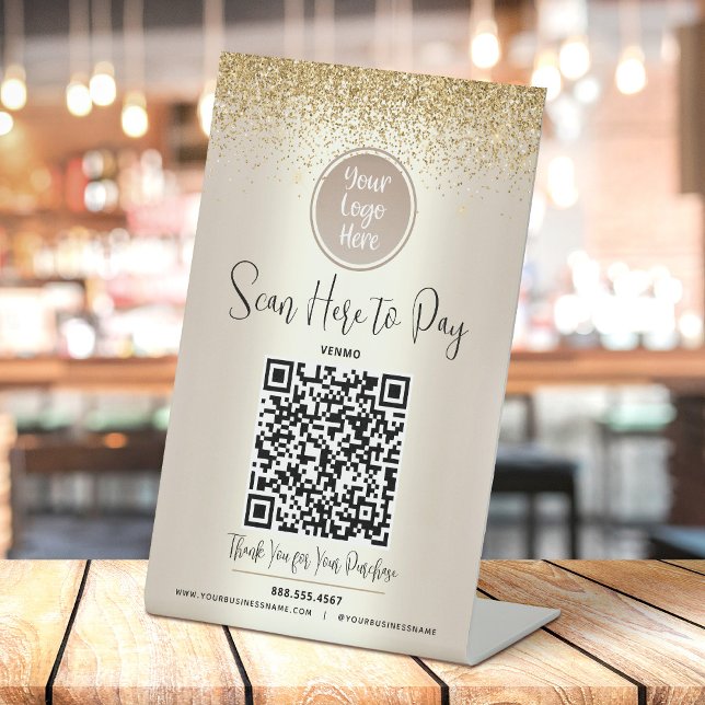 QR Code Custom Logo Gold Glitter Scan Pay Here Pedestal Sign (Creator Uploaded)