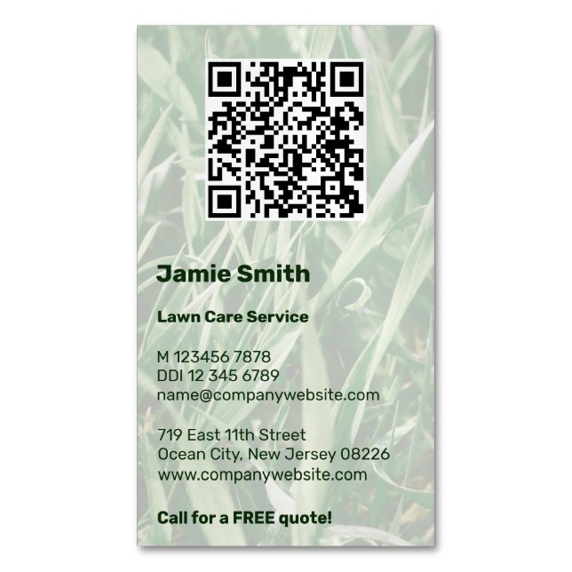 QR Code Custom Photo Green Lawn Care Business Card Magnet (Front Vertical)