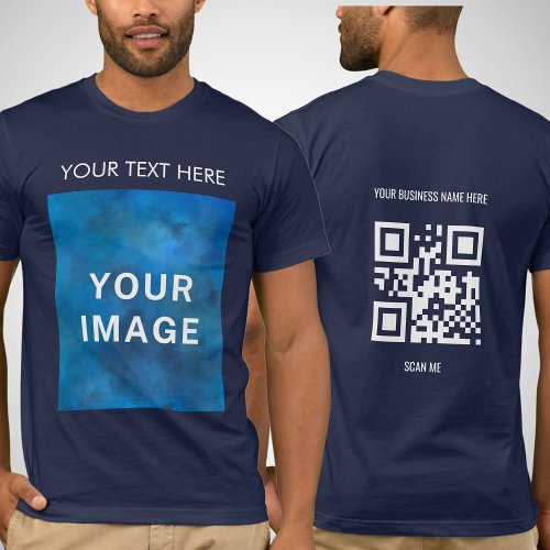 QR Code Custom Text and Image Promotional Navy T_Shirt