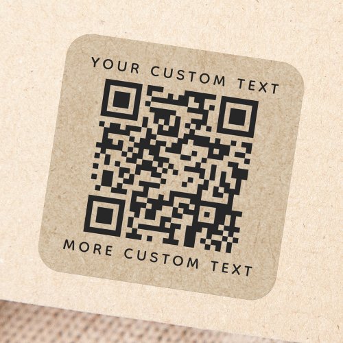 QR code custom text top bottom Kraft paper look Square Sticker