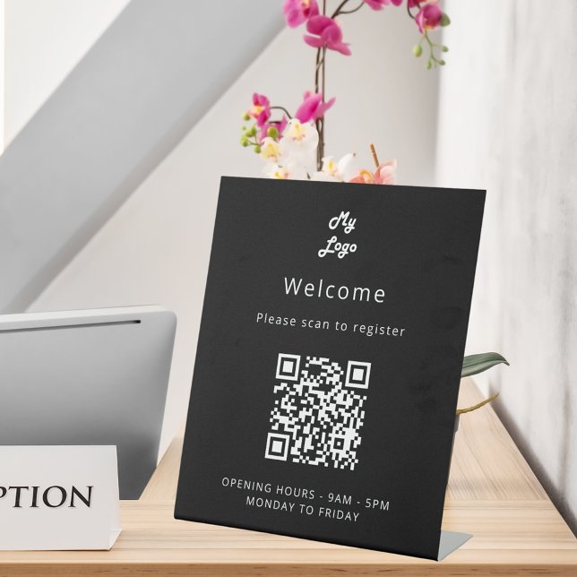QR code customer registration black white welcome Pedestal Sign (Creator Uploaded)