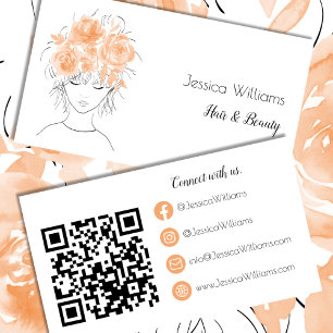 QR code cute girl peach watercolor roses floral Business Card