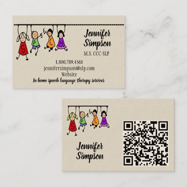 QR Code Cute Kids Cartoon Holding Speech Words Business Card (Front/Back)
