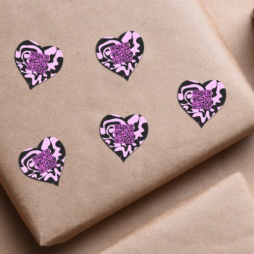 QR Code Cute Pink And Black Groovy Squiggles Heart Sticker