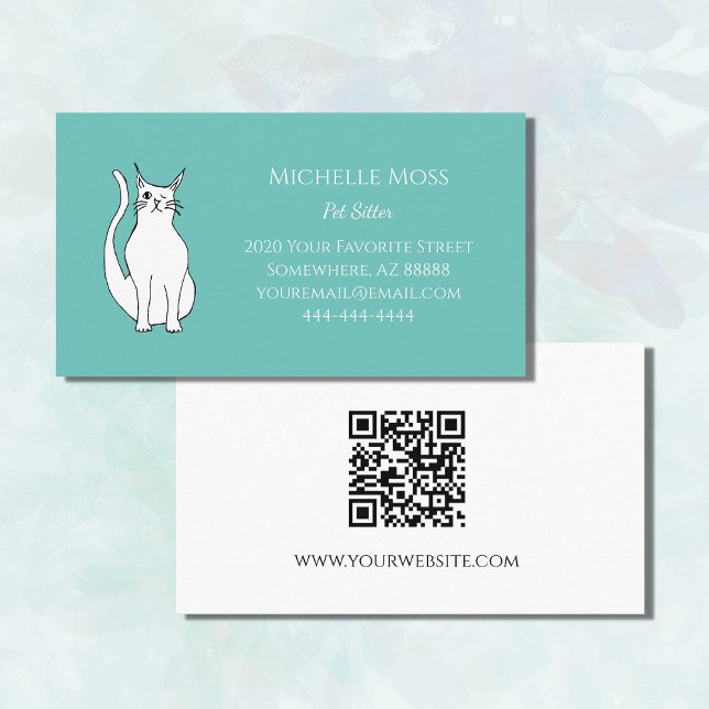 QR code Cute Winking Cat Pet Sitter Teal Green Business Card (Creator Uploaded)