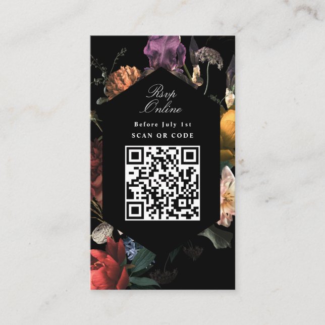 QR Code Dark Moody Black Floral Website RSVP Enclosure Card (Front)