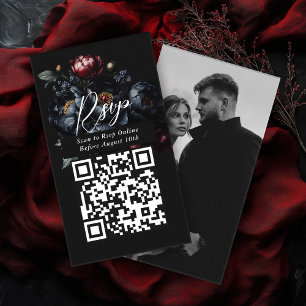 QR Code Dark Moody Peony Gothic Wedding RSVP Enclosure Card