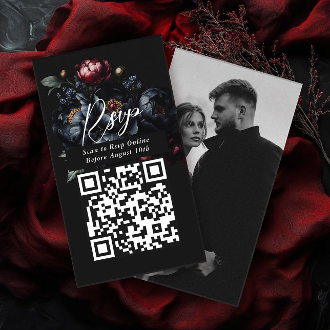 QR Code Dark Moody Peony Gothic Wedding RSVP Enclosure Card (Creator Uploaded)