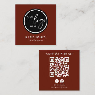 QR Code Dark Red Custom Logo Connect with Us Square Business Card